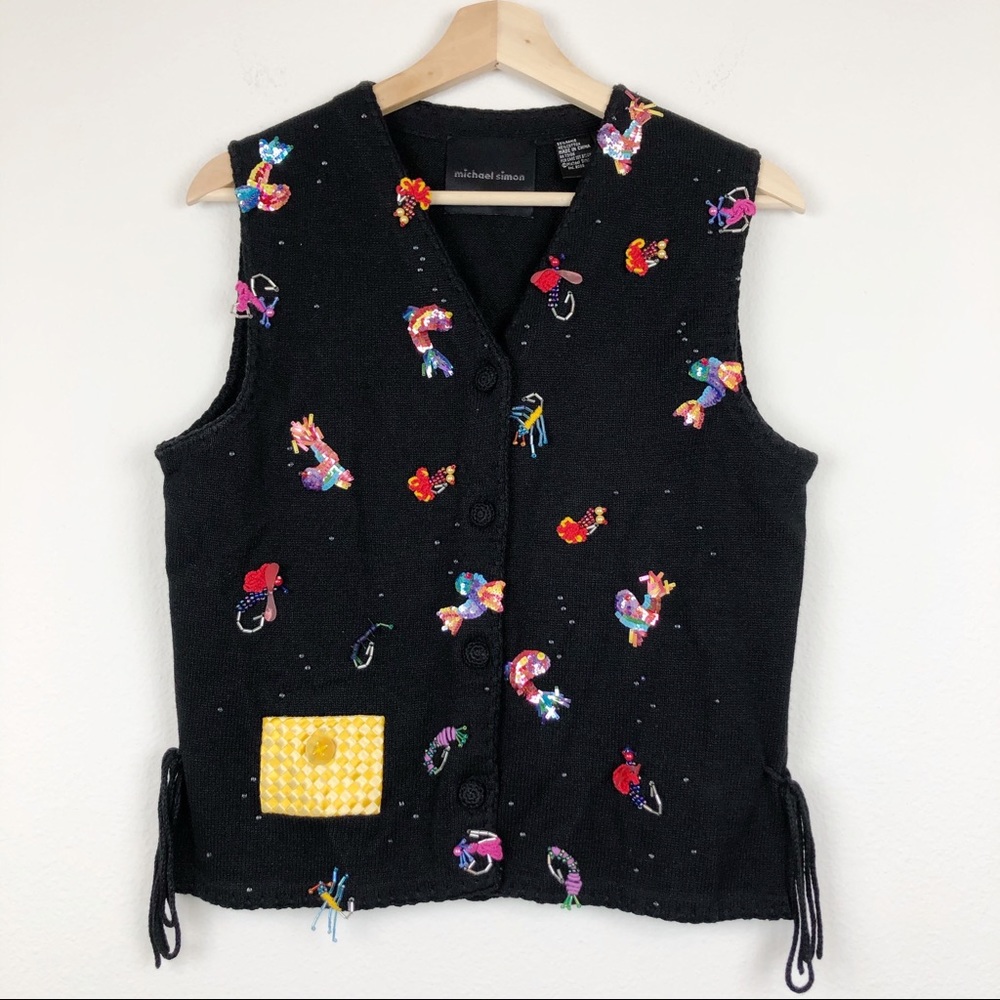 Michael Simon Black V-Neck Sweater with Colorful Embroidery